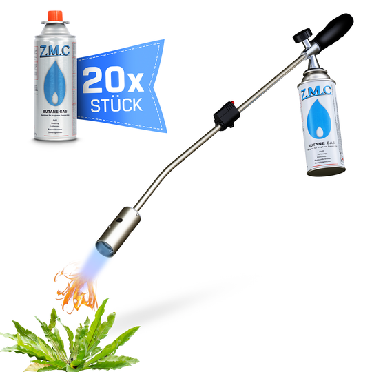 ZMC Unkrautbrenner 2,5 kW, Unkrautvernichter inkl. Gaskartuschen mit Piezo-Zündung, Abflammgerät, Flammenleistung bis 1400 °C, für Garten, Hof und Gehwege