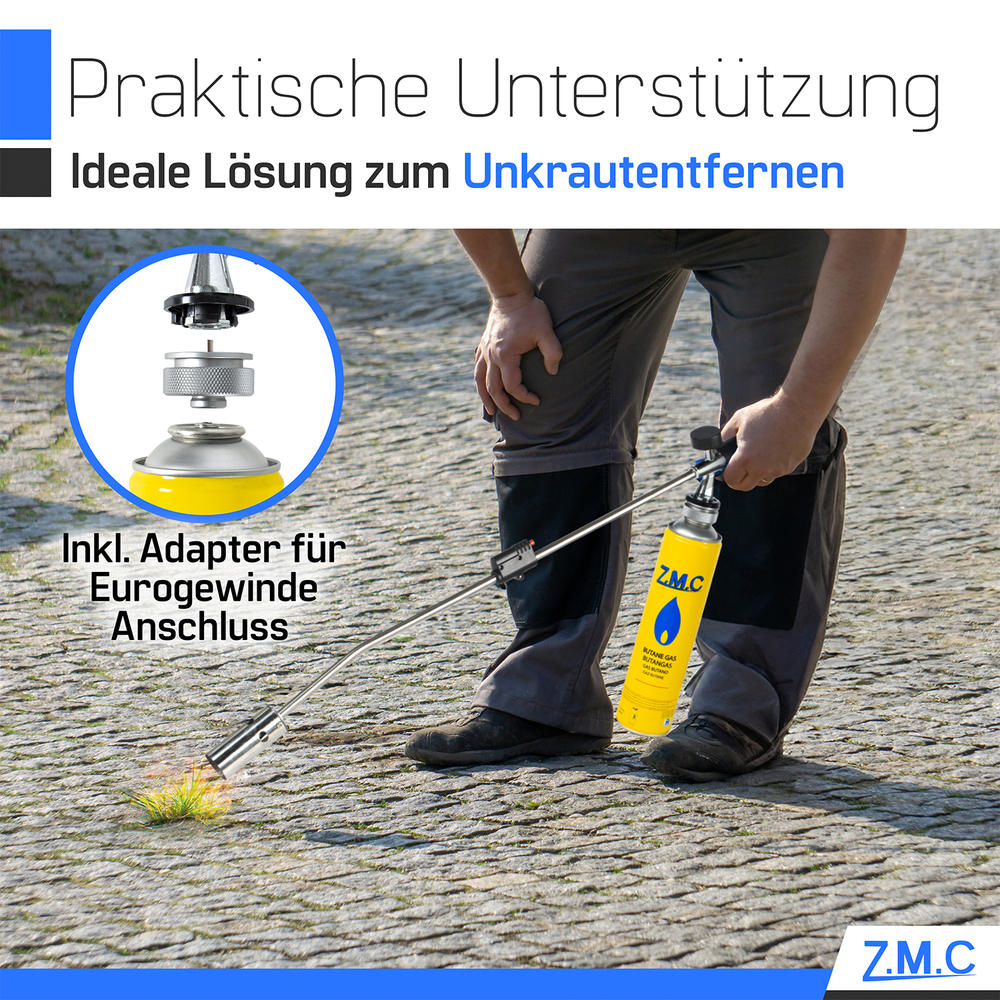 ZMC Unkrautvernichter 2,5 kW Unkrautbrenner + 330g Gaskartuschen, Abflammgerät mit Piezo-Zündung, einstellbarer Flammenleistung bis 1400 °C für Garten & Gehwege