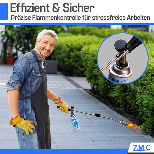 ZMC Unkrautbrenner 2,5 kW, Unkrautvernichter inkl. Gaskartuschen mit Piezo-Zündung, Abflammgerät, Flammenleistung bis 1400 °C, für Garten, Hof und Gehwege