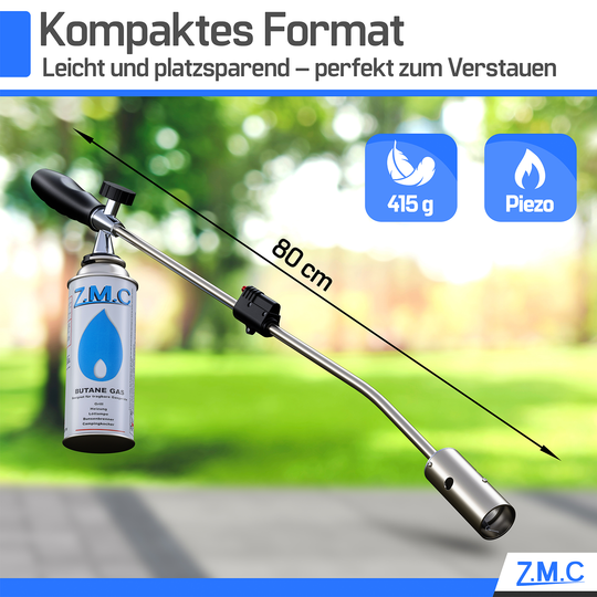 ZMC Unkrautbrenner 2,5 kW, Unkrautvernichter inkl. Gaskartuschen mit Piezo-Zündung, Abflammgerät, Flammenleistung bis 1400 °C, für Garten, Hof und Gehwege