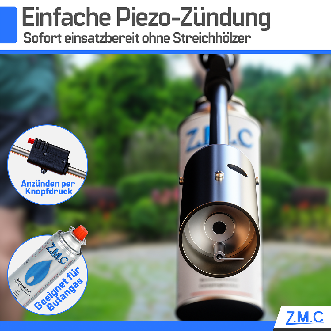 ZMC Unkrautbrenner 2,5 kW, Unkrautvernichter inkl. Gaskartuschen mit Piezo-Zündung, Abflammgerät, Flammenleistung bis 1400 °C, für Garten, Hof und Gehwege