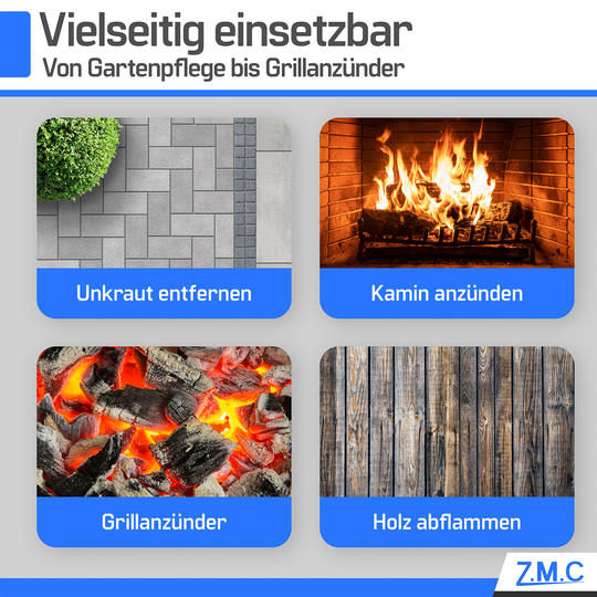 ZMC Unkrautbrenner 2,5 kW, Unkrautvernichter inkl. Gaskartuschen mit Piezo-Zündung, Abflammgerät, Flammenleistung bis 1400 °C, für Garten, Hof und Gehwege