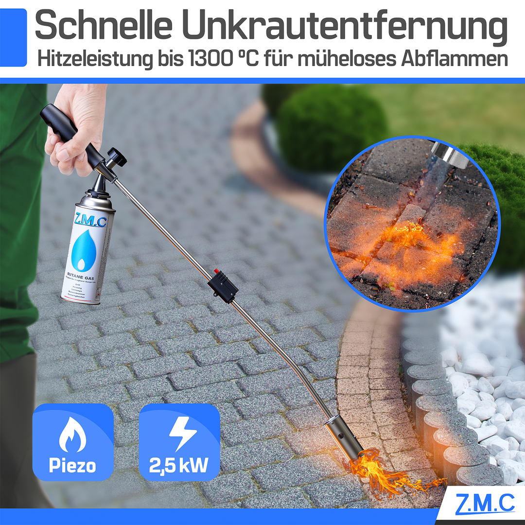 ZMC Unkrautbrenner 2,5 kW, Unkrautvernichter inkl. Gaskartuschen mit Piezo-Zündung, Abflammgerät, Flammenleistung bis 1400 °C, für Garten, Hof und Gehwege
