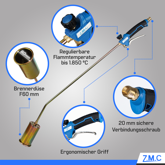 ZMC Unkrautbrenner 1850°C, Abflammgerät mit 60mm Brenndurchmesser, 90cm Rohr, inkl. 5m Schlauch und 2 Konterschlüsseln, Unkrautvernichter ideal für effektive Unkrautbekämpfung
