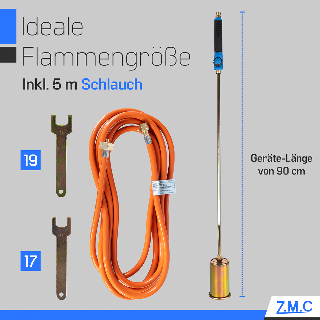 ZMC Unkrautbrenner 1850°C, Abflammgerät mit 60mm Brenndurchmesser, 90cm Rohr, inkl. 5m Schlauch und 2 Konterschlüsseln, Unkrautvernichter ideal für effektive Unkrautbekämpfung