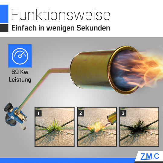 ZMC Unkrautbrenner 1850°C, Abflammgerät mit 60mm Brenndurchmesser, 90cm Rohr, inkl. 5m Schlauch und 2 Konterschlüsseln, Unkrautvernichter ideal für effektive Unkrautbekämpfung
